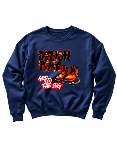 Navy crewneck sweatshirt with custom DTF printed Demon Time design featuring red text and brown work boots with gold chain accent