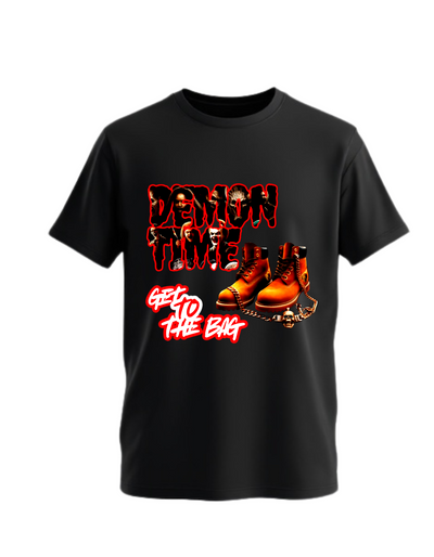 Black t-shirt with custom DTF printed Demon Time design featuring red text and brown work boots with gold chain accent