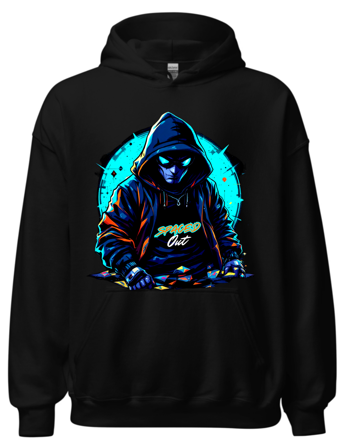 Black hoodie with custom DTF printed hooded figure design featuring neon cyan glow effects and geometric background elements