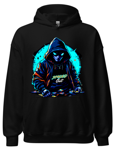 Black hoodie with custom DTF printed hooded figure design featuring neon cyan glow effects and geometric background elements
