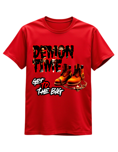Red t-shirt with custom DTF printed Demon Time design featuring red text and brown work boots with gold chain accent