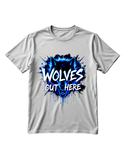 Grey t-shirt with custom DTF printed fierce wolf design featuring neon blue effects and white dripping text effect with black splash details
