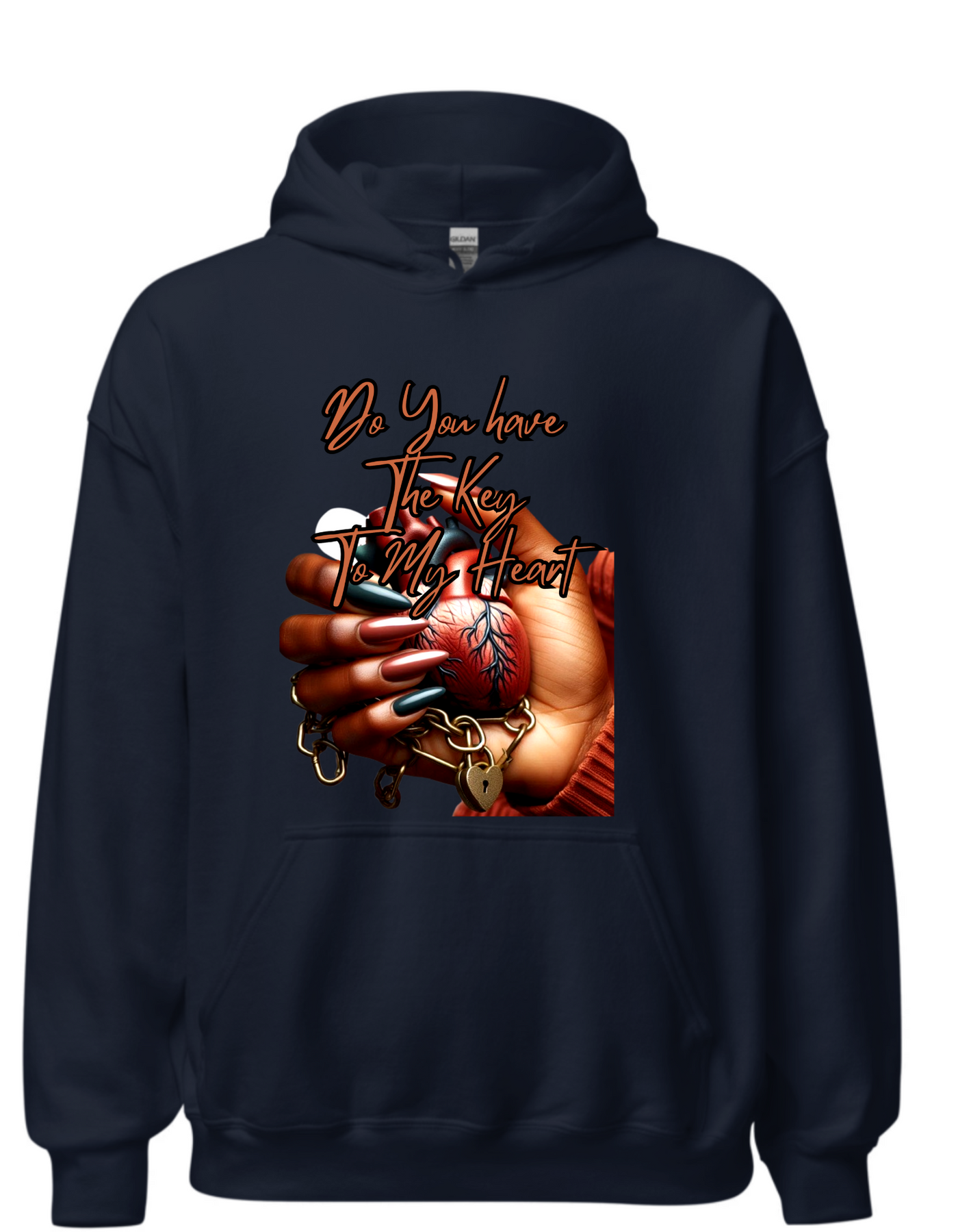 Navy hoodie with custom DTF printed design featuring anatomical heart in hand with lock and chain details and copper script text