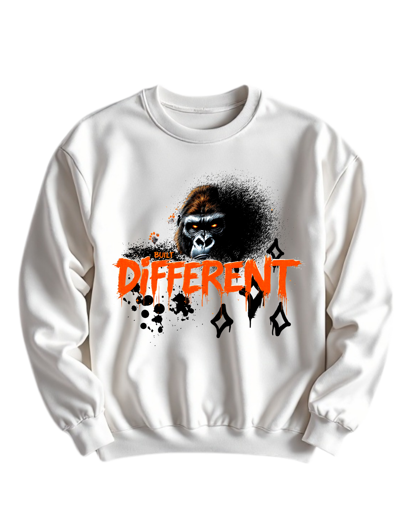 White crewneck sweatshirt with custom DTF printed fierce gorilla design featuring orange glowing eyes and dripping text effect with diamond accents