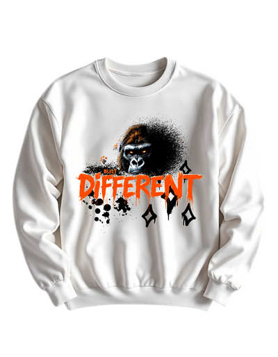 White crewneck sweatshirt with custom DTF printed fierce gorilla design featuring orange glowing eyes and dripping text effect with diamond accents