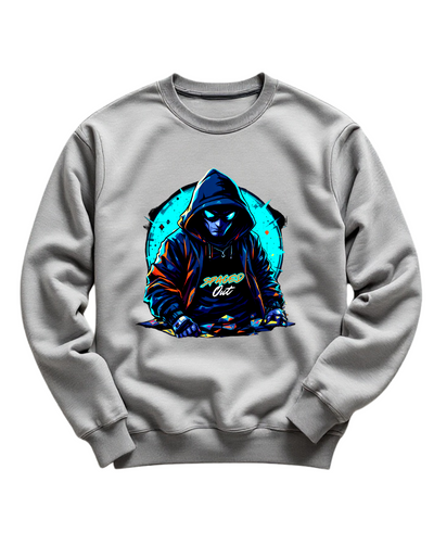 Grey crewneck sweatshirt with custom DTF printed hooded figure design featuring neon cyan glow effects and geometric background elements