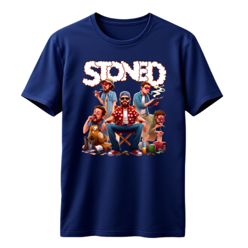 Custom DTF printed navy t-shirt featuring cartoon squad lifestyle design with detailed character artwork on premium cotton fabric