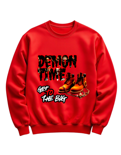 Red crewneck sweatshirt with custom DTF printed Demon Time design featuring red text and brown work boots with gold chain accent